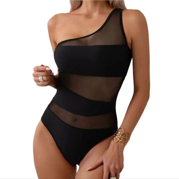 Elegant Black One Shoulder Swimsuit with Contrast Mesh High Elasticity - Picture 2 of 15